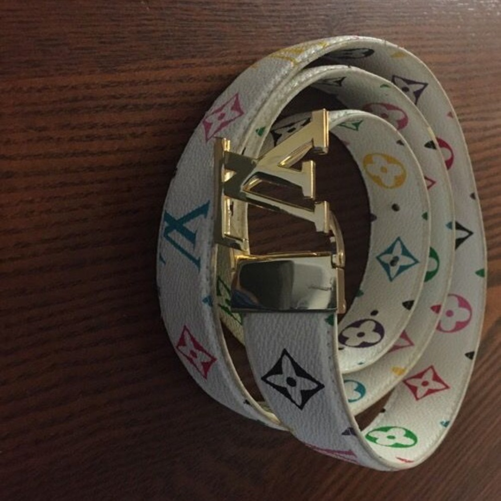 L V White Multicolor Belt with Gold Buckle